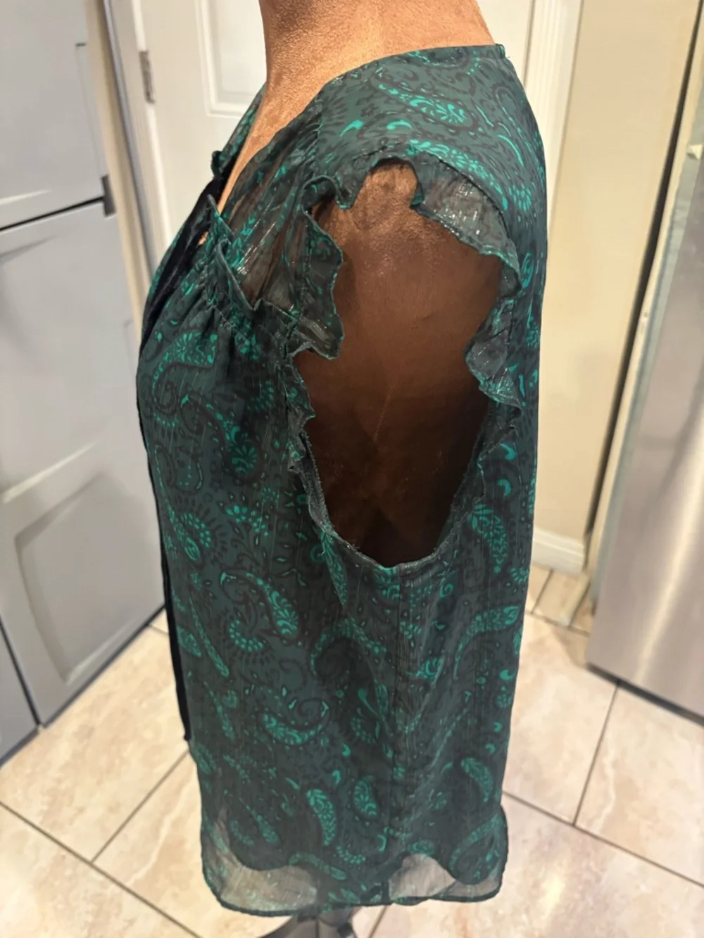 LOFT Teal Paisley Ruffle Tie-Neck Shell